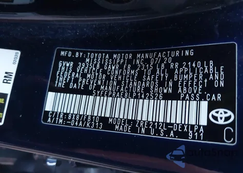 2020 Toyota Corolla Le from USA, damaged, VIN 5YFEPRAE8LP142526